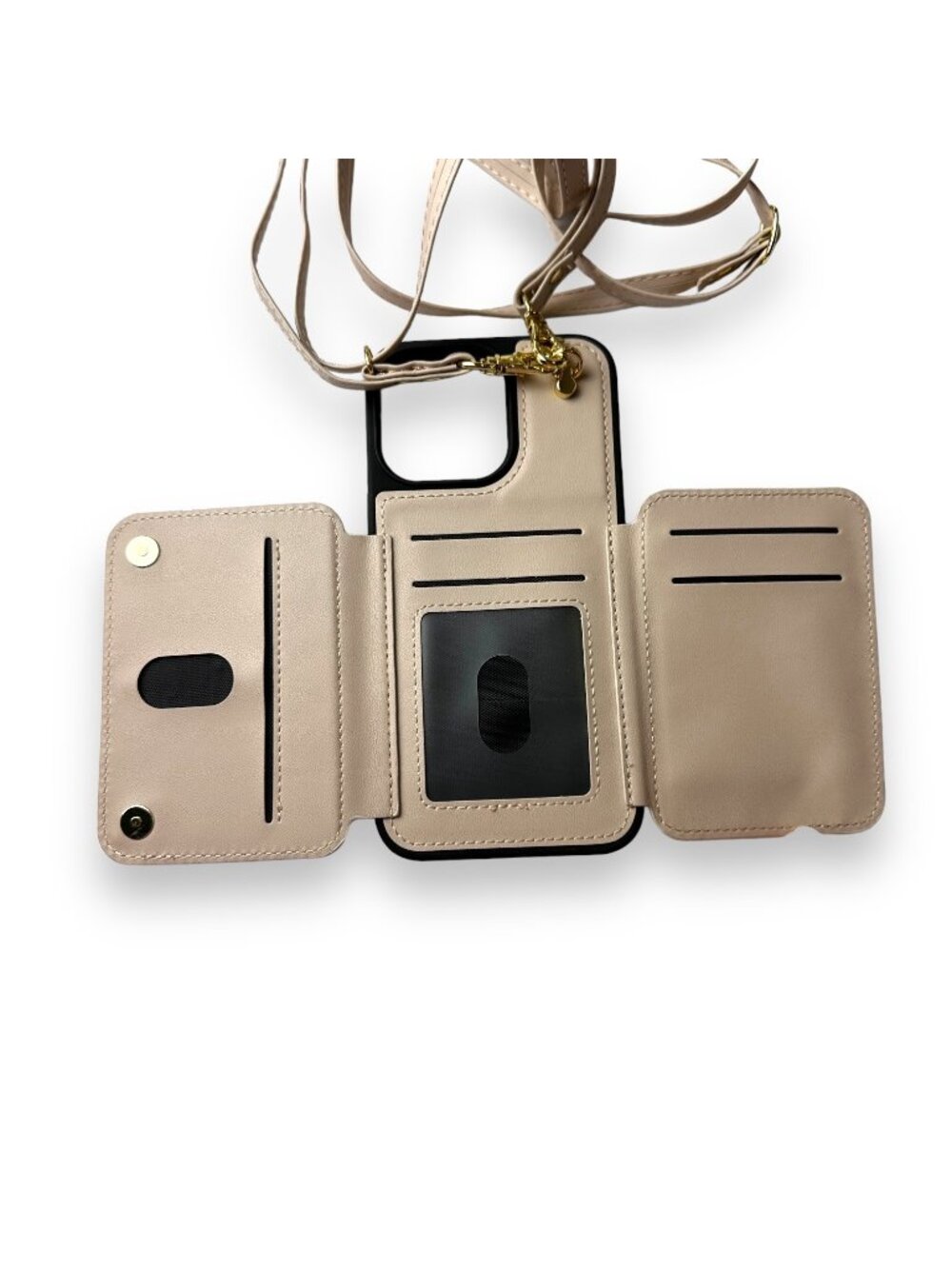 Crossbody Wallet Case For iPhone 14 Pro Max Beige Black Card Slots Zipper Pocket